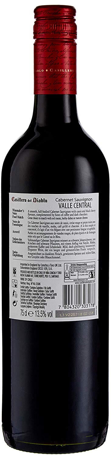 Reverse label for Casillero del Diablo Cabernet Sauvignon Wine 75 cl Bottle