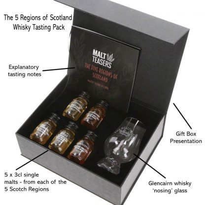 The Five Regions of Scotland Whisky Tasting Gift Set with Glencairn Whisky Glass - 5 x 3cl Single Malt Whisky Gift 42%