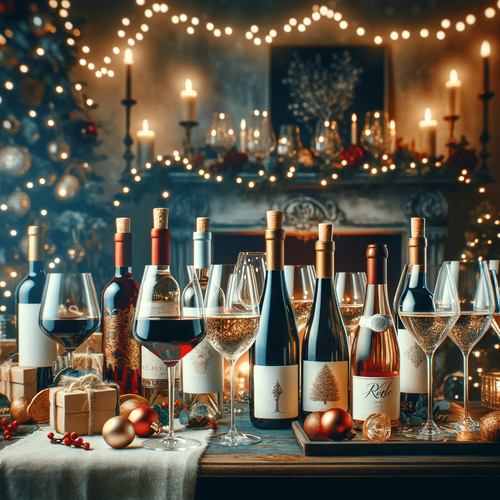 This scene elegantly represents the festive and welcoming atmosphere of a New Year's celebration, featuring a variety of wine bottles and glasses.